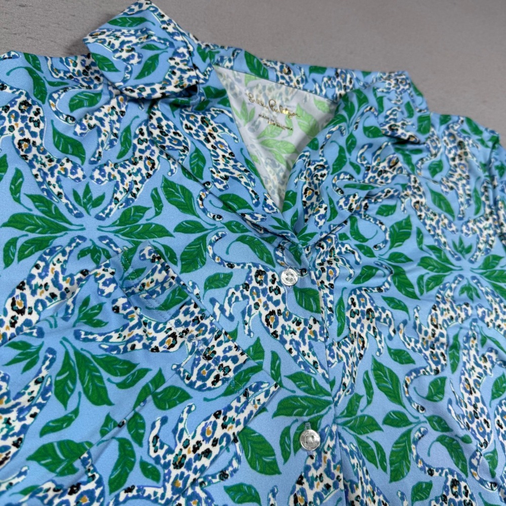 Lilly Pulitzer Blue Green Tropical Leopard Print Button Front Top Small